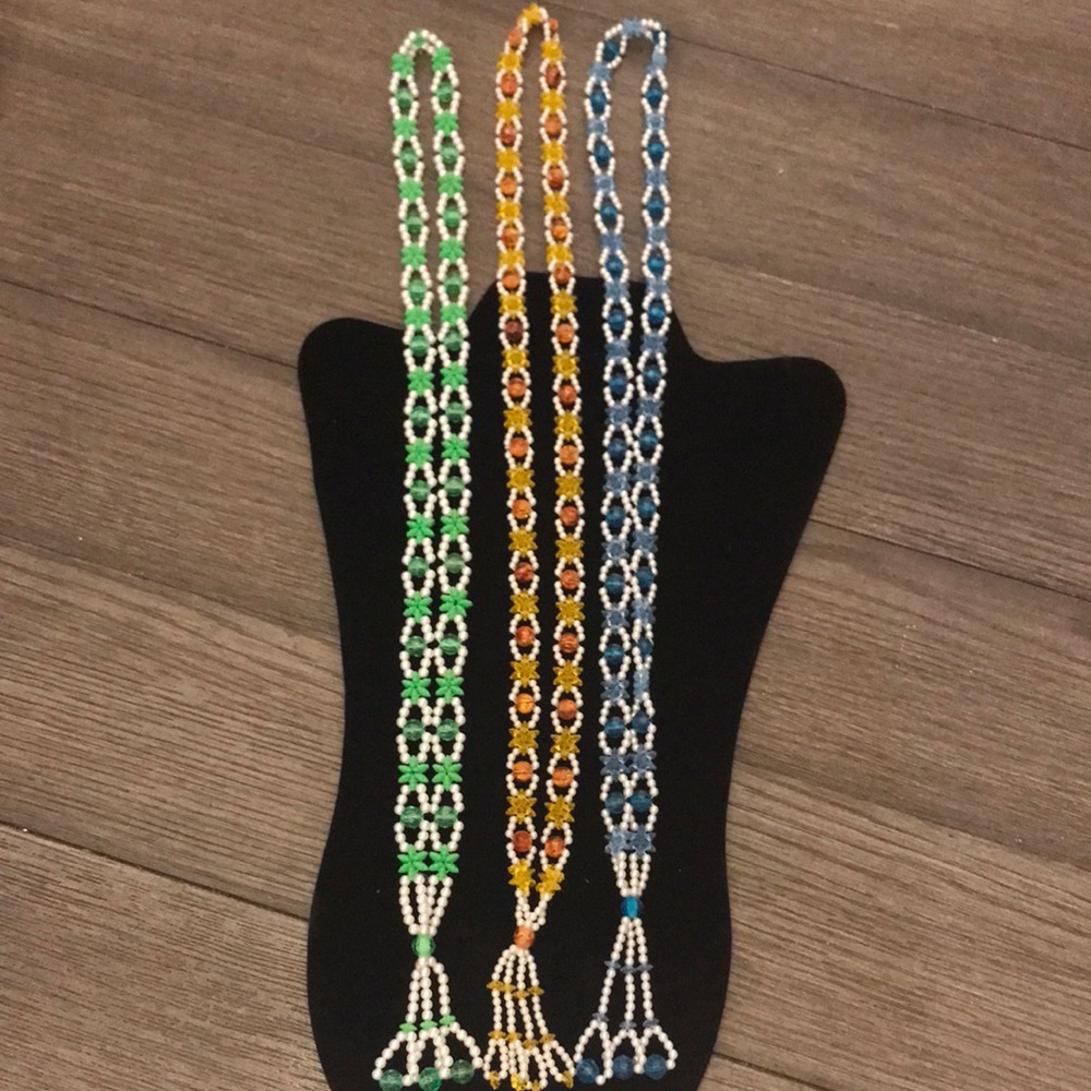 Vintage boho groovy handmade bead necklace with tassels three included 34”